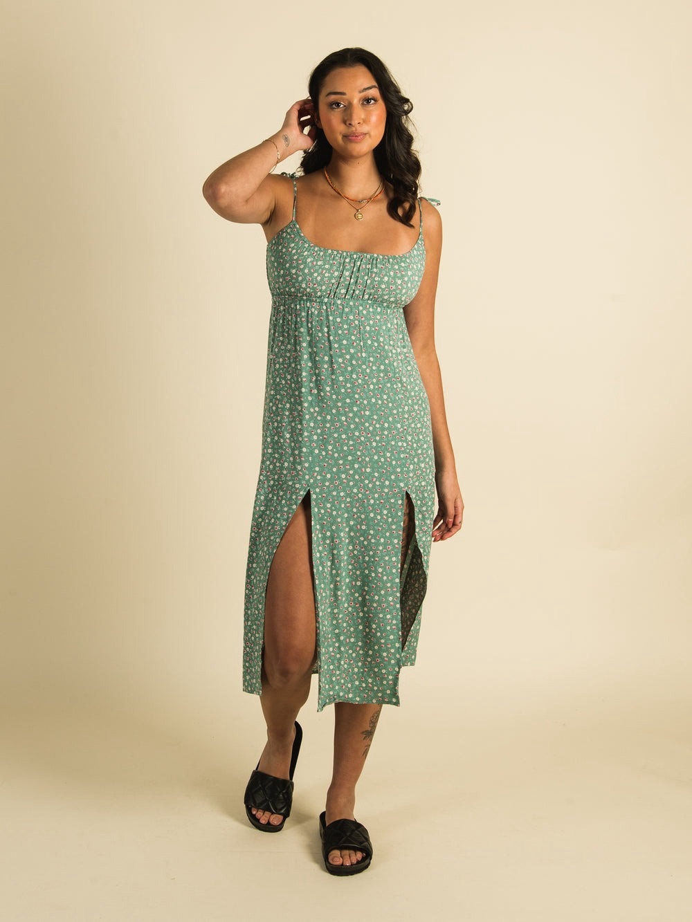 Harlow Green Floral Maxi Slip Dress with Tie Straps boho lightweight dress